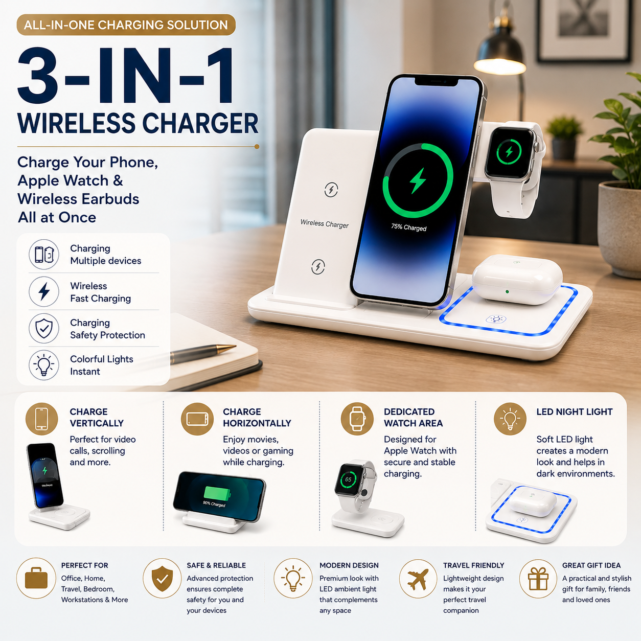 3 in 1 Wireless charger {Foldable)
