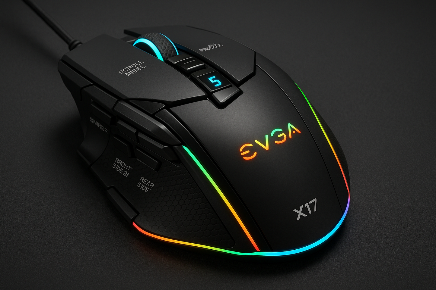 EVGA x17 FPS gaming Mouse Left, Middle and right click key, wheel left and right scroll, Profile Cycle Key, DPI cycle key, DPI indicator, side front, rear key, sniper botten LED, Red, Yellow, Green, Blue, Orange.&nbsp; &nbsp;
