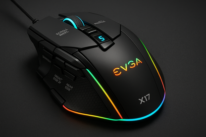 EVGA x17 FPS gaming Mouse Left, Middle and right click key, wheel left and right scroll, Profile Cycle Key, DPI cycle key, DPI indicator, side front, rear key, sniper botten LED, Red, Yellow, Green, Blue, Orange.&nbsp; &nbsp;